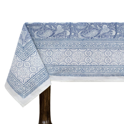 Blue and White Block Print Cotton Tablecloth, Handmade Indian Rectangle Table Linen - My Store