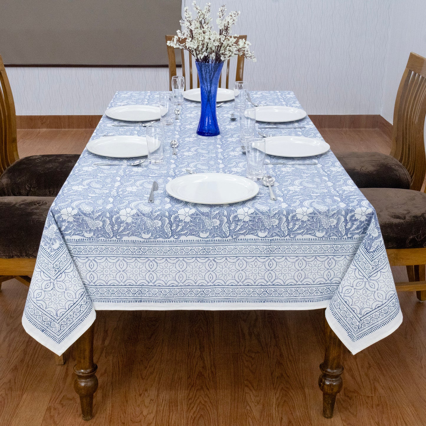 Blue and White Block Print Cotton Tablecloth, Handmade Indian Rectangle Table Linen - My Store