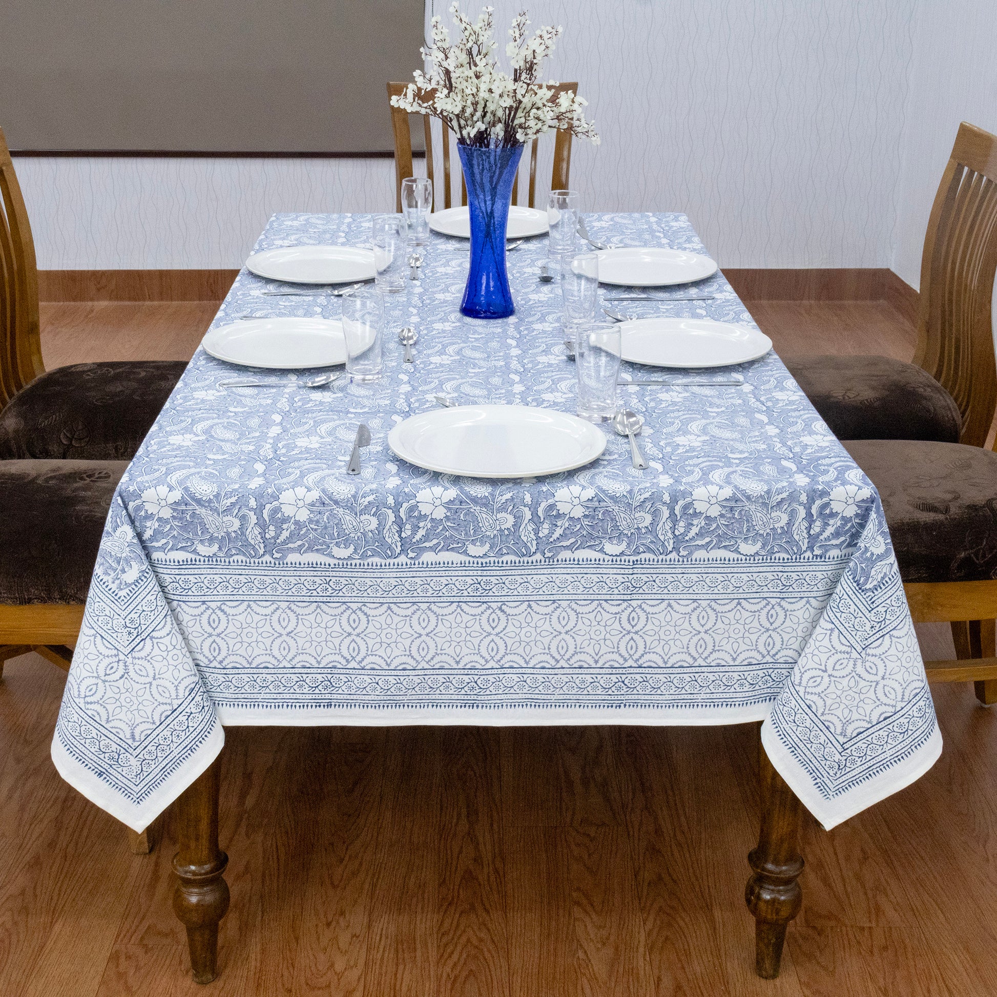 Blue and White Block Print Cotton Tablecloth, Handmade Indian Rectangle Table Linen - My Store