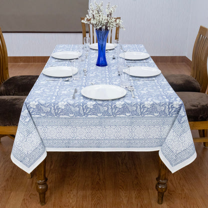 Blue and White Block Print Cotton Tablecloth, Handmade Indian Rectangle Table Linen - My Store