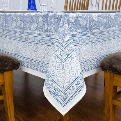 Blue and White Block Print Cotton Tablecloth, Handmade Indian Rectangle Table Linen - My Store