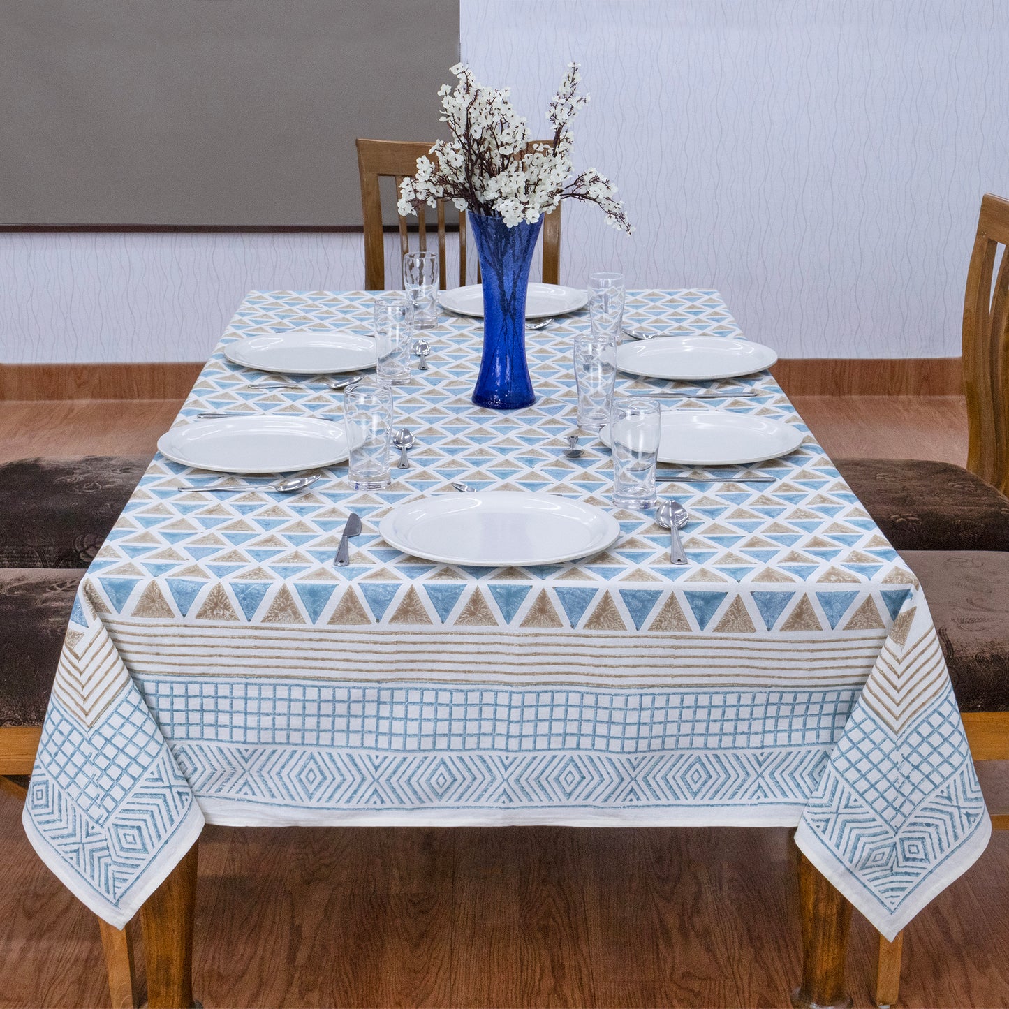 Indian Handmade Block Printed Cotton Blue and Brown Rectangle Tablecloth - My Store