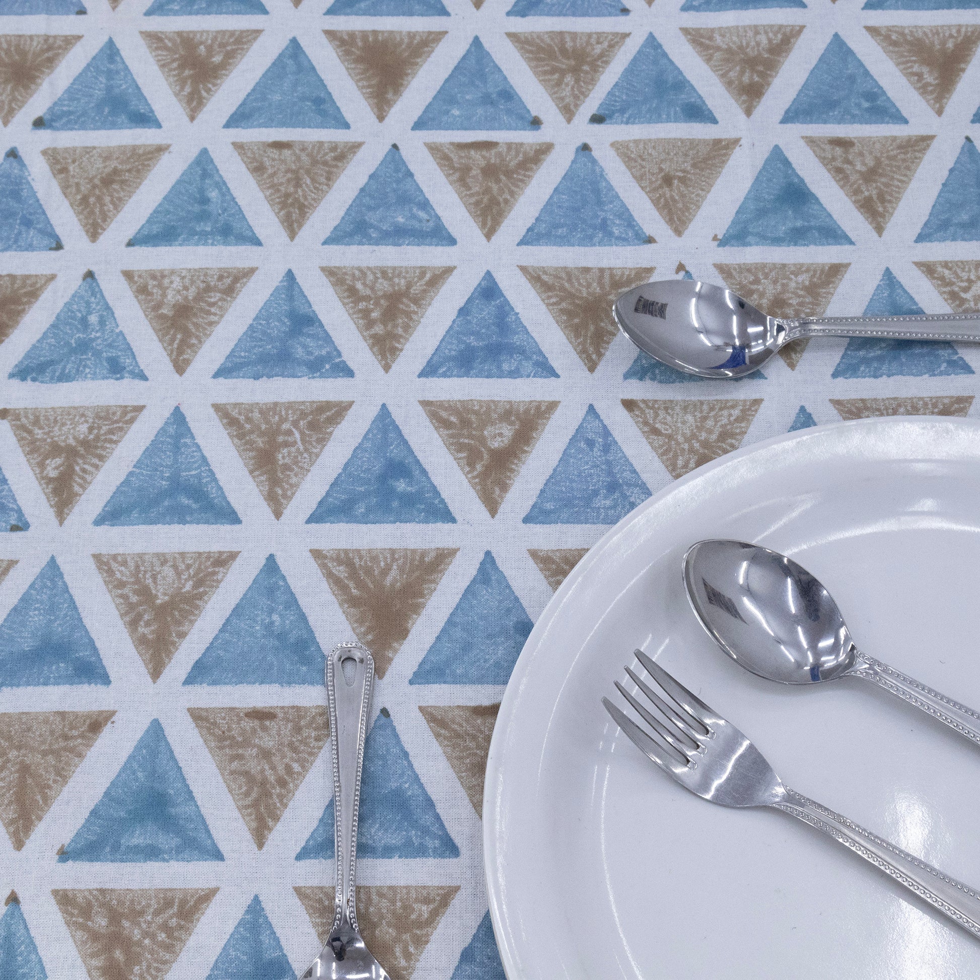 Indian Handmade Block Printed Cotton Blue and Brown Rectangle Tablecloth - My Store