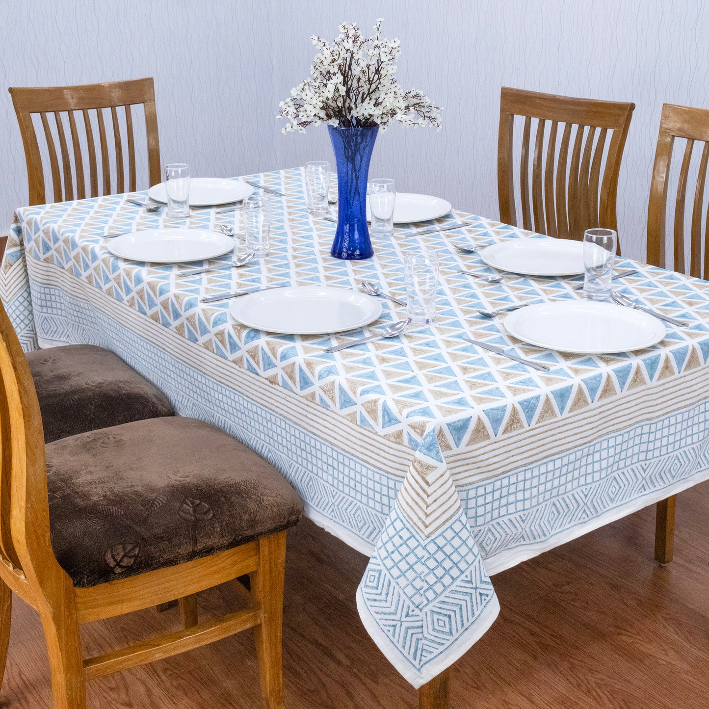 Indian Handmade Block Printed Cotton Blue and Brown Rectangle Tablecloth - My Store