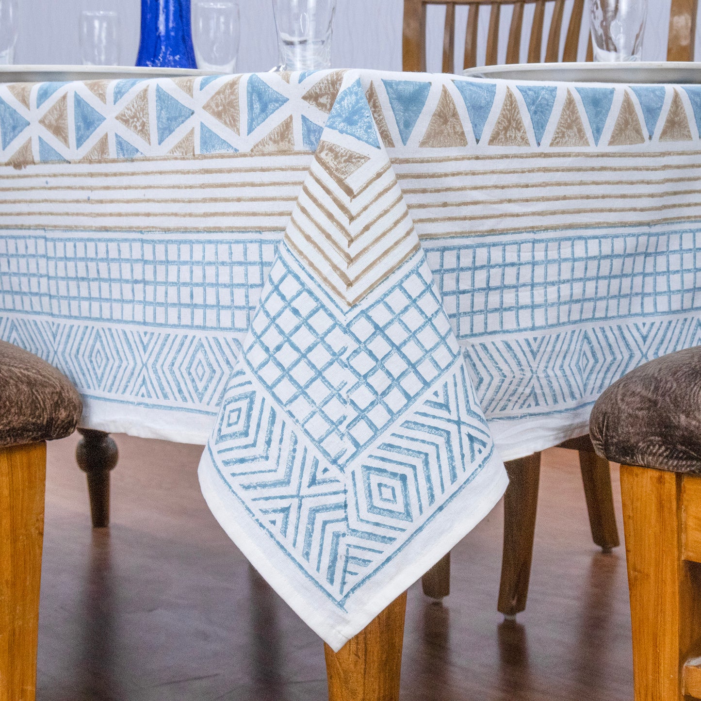Indian Handmade Block Printed Cotton Blue and Brown Rectangle Tablecloth - My Store