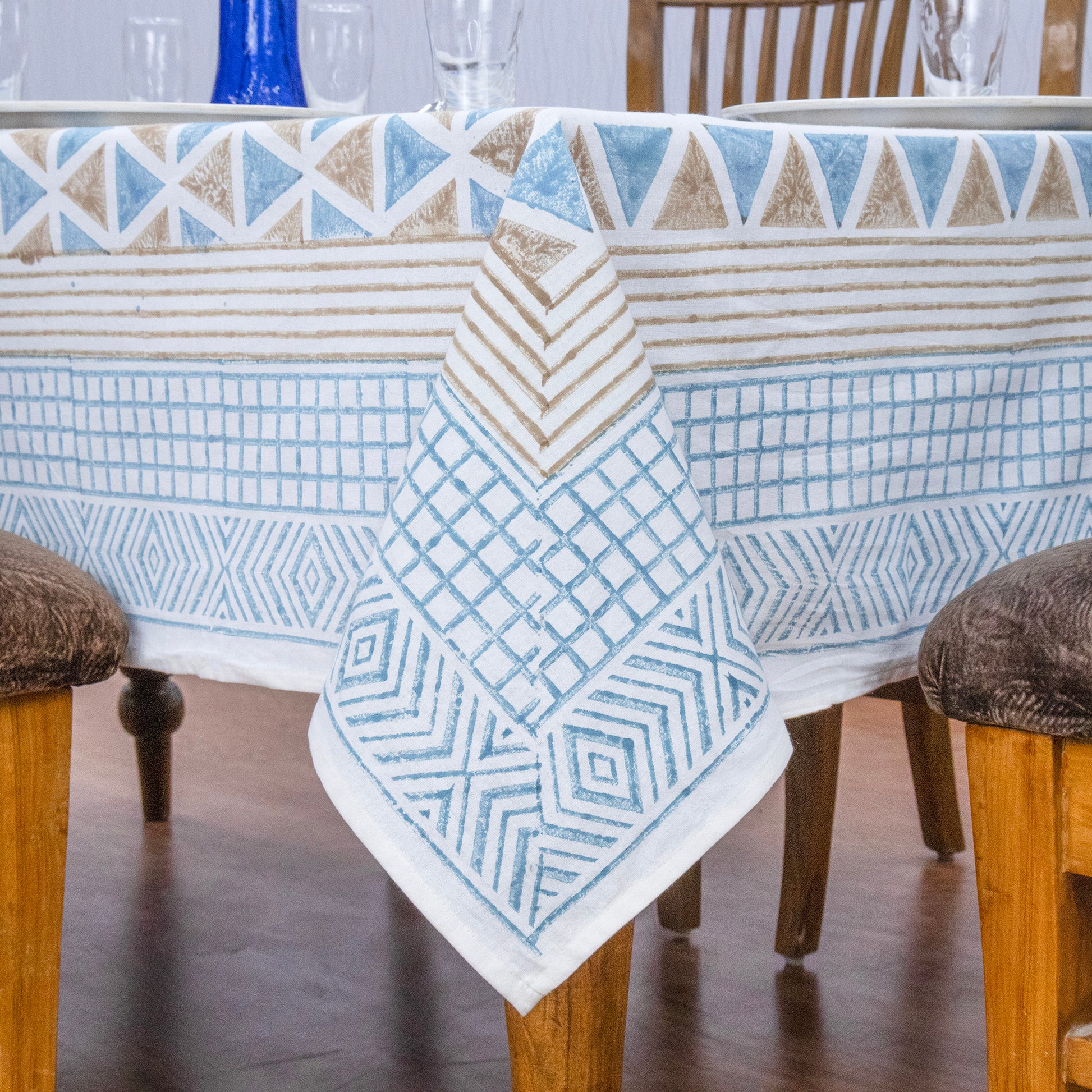 Indian Handmade Block Printed Cotton Blue and Brown Rectangle Tablecloth - My Store