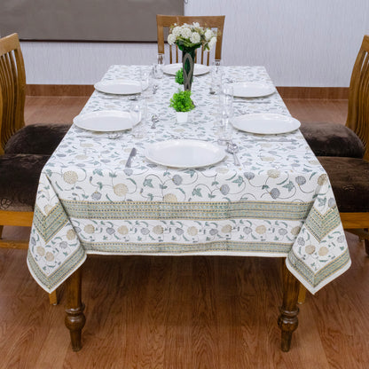 Indian Handmade Block Printed Cotton White and Yellow Rectangle Tablecloth - My Store
