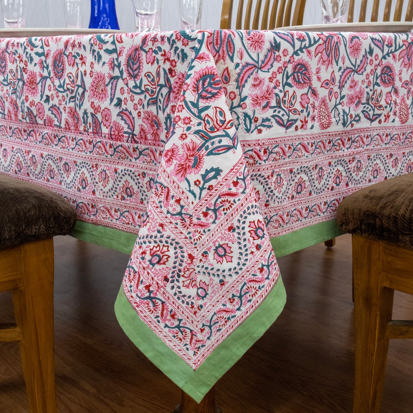 handmade tablecloth, pink and green tablecloth, block printed table cover, cotton table cover, premium cotton tablecloth, floral tablecloth, indian tablecloth, Jaipuri tablecloth, green and pink table linens, boho home decor, table cover for dinning table cover, rectangle table cover, table cloth for dinning decor, custom table cloth,  washable table cloth, outdoor tablecloth, indoor tablecloth, gifts for fathers day