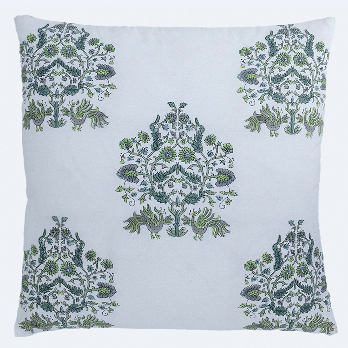 Hand Block Printed Floral Cushion Cover – Green Grey Cotton Decorative Pillow Cover