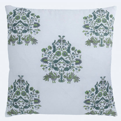 Hand Block Printed Floral Cushion Cover – Green Grey Cotton Decorative Pillow Cover