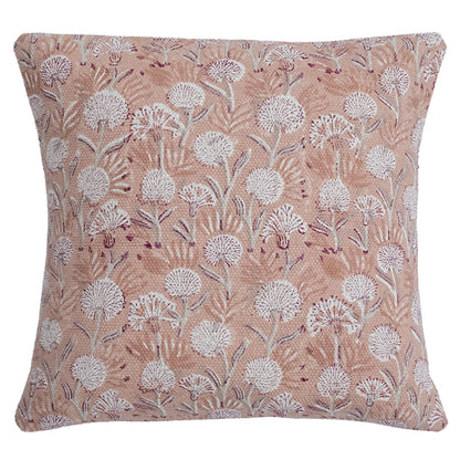 Soft Peach Floral Block Printed Cushion Cover | Cotton Home Decor Pillow