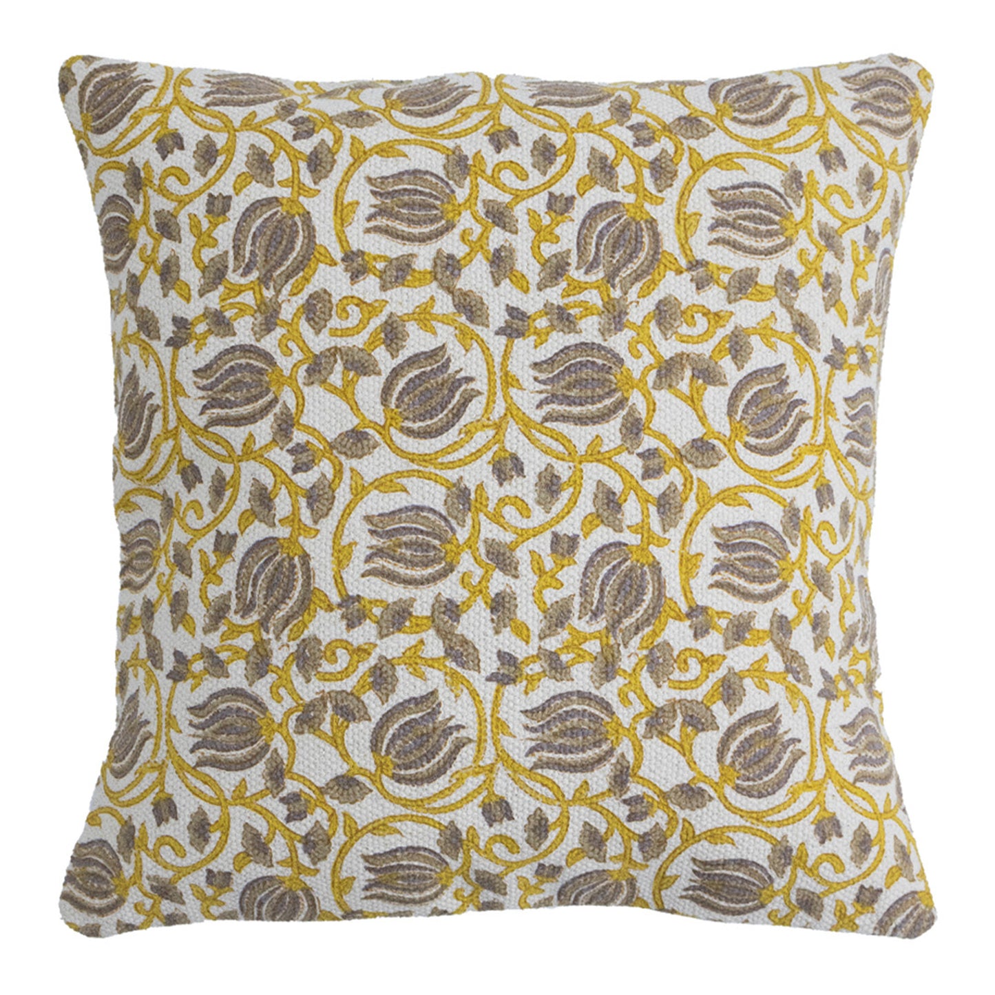 Mustard Yellow & Grey Floral Cotton Cushion Cover | Hand Block Print Decorative Pillow Cover | Elegant Sofa Cushion Case