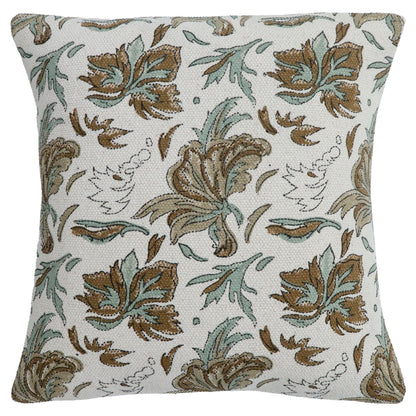 Brownn White Floral Print Cushion Cover Hand Block Printed Cotton Pillow Cover Boho Sofa Decor Housewarming Gift