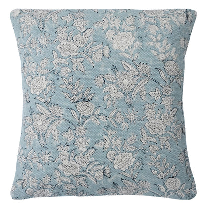 Hand Block Printed Teal Floral Cushion Cover | Cotton Decorative Pillow