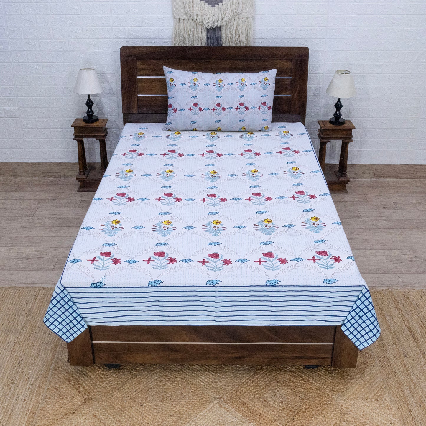 Cotton Bedsheet – Hand Block Floral Print – White and Blue – King, Queen, Twin Sizes - My Store